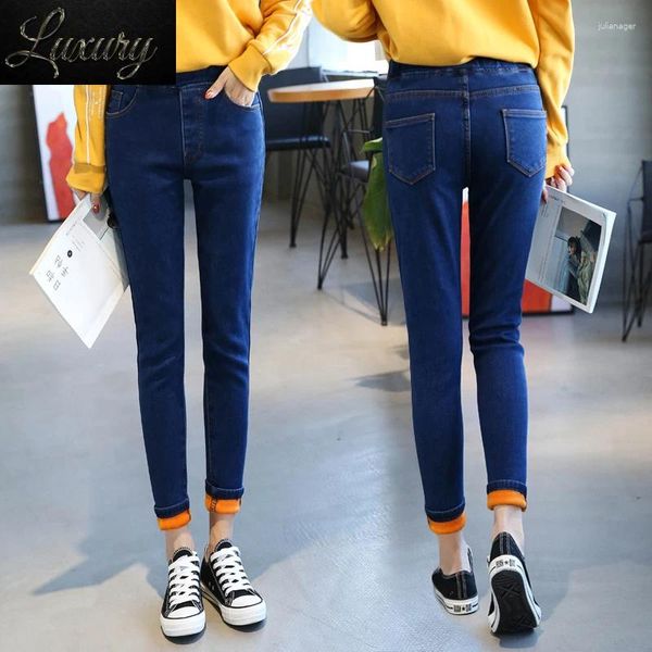 Jeans feminino S-5xl Mulheres de veludo e elástico grosso confortável cintura alta clássica clássica azul preto elástico calça jeans mamãe jean