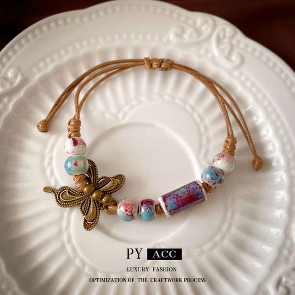 Nova corda de cerâmica redonda de borboleta chinesa corda China-Chic Design Bracelet líquido Vermelho versátil ornamento fêmea feminina