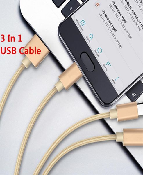 12M Нейлоновое плетеные 3 в 1 USB -кабель Multi 24A быстро зарядка типа C Typec Micro USB -кабелей для Android Smart Mobile Phone2724377