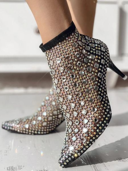Сандалии женские туфли ботинки лодыжка точка ноги высокие хрустальные роскошные каблуки Упомянутые насосы Mujer Zapatos