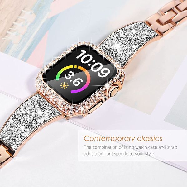 Cinta de faixa de glitter de luxo para banda de relógio Apple 41mm 40mm 38mm 45mm séries 8 7 se 6 5 4 3 Bling Crystal Bracelet para iwatch women