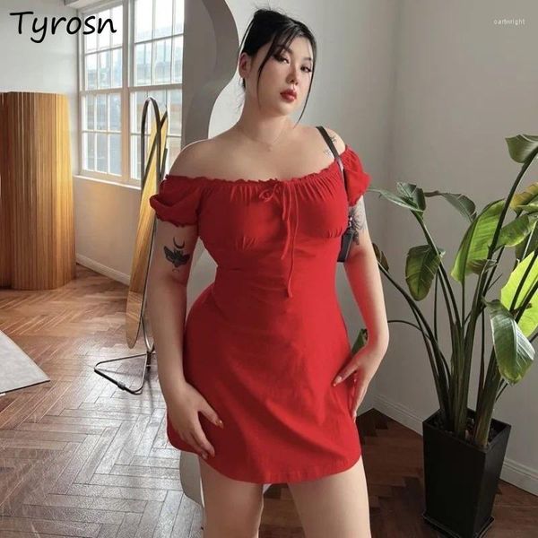 Vestidos de festa L-4xl Red Dress for Women Mini Sexy Sexy Summer Solid A-Line Harajuku American Retro Style Rouve Sleeve Vestidos Mujer