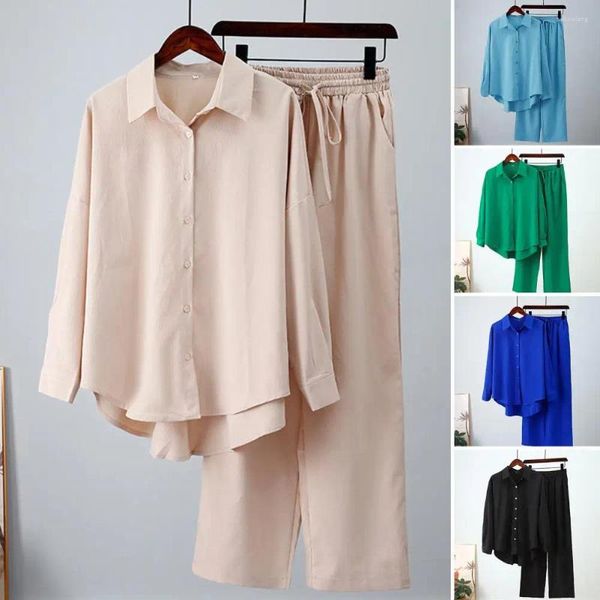 Pantaloni da due pezzi da donna 2 pezzi/set da donna blusa set di colore a sfioro solido tipo a petto singolo Collaro girata a giù a full full elastico