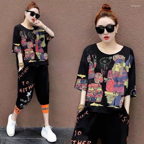 Frauen Tracksuits Anzug des Frühlings Sommer kurzärmelig T-Shirt Walf-Länge Harem Pants Mode koreanische Lose Freizeit Sport 2 zweiteilige Set Set