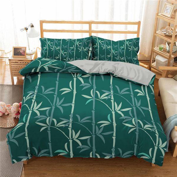 Plant Bamboo Duvet Capa King/Size Queen Tamanho Verde Bambu Folha Padrão de Ramo Padrão Impressão Conjunto de Casal de Casamento Macio 2/3pcs Tampa de Quilt para Poliéster