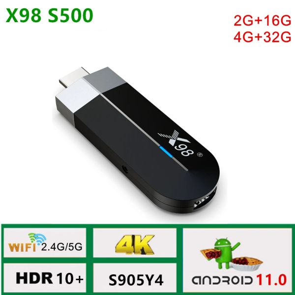 Kutu Yeni X98 S500 TV Stick Android 11.0 TV Dongle Amlogic S905Y4 4GB 32GB 2.4G/5G WiFi BT4.X H.265 HDR 10+ 4K AV1 TV Kutusu Medya Oyuncusu