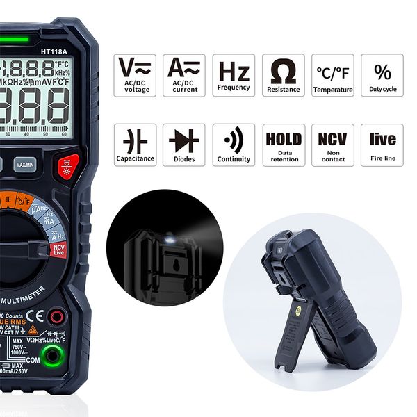 Kaiweets novo digital Multímetro Digital RMS RMS AUTO RANGE MULTIMETRO 1000V 10A AC DC OHM HZ NCV LIVE TEMPERATE TEMPERATE METER