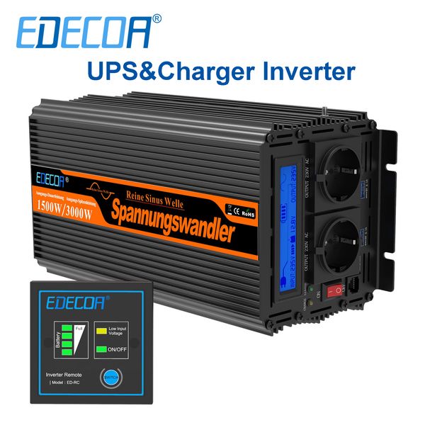 Inversor UPS com carregador 1500W 2500W DC 12V a AC 220V 230V Converter Transformador de onda seno