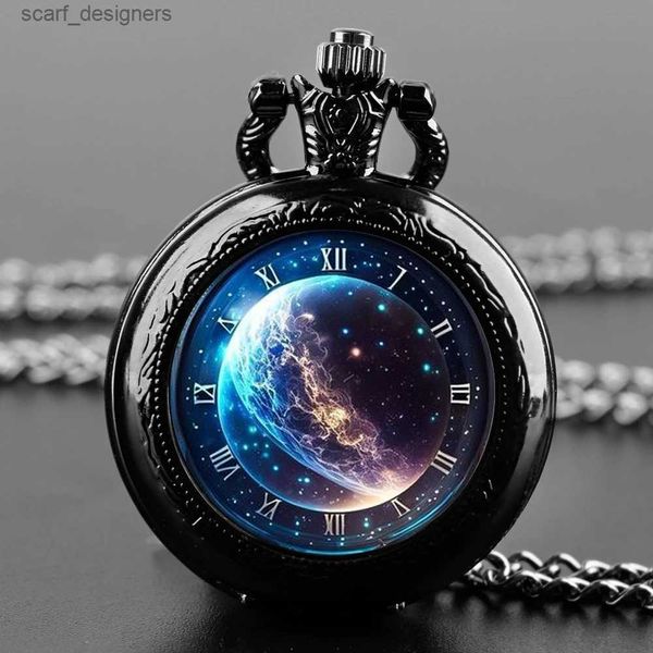 Pocket Watches Creative Starry Sky e Moon Quartz Pocket para homens Men Men Black Colar exclusivo Pingente Clock Chain Acessórios para presentes Y240410