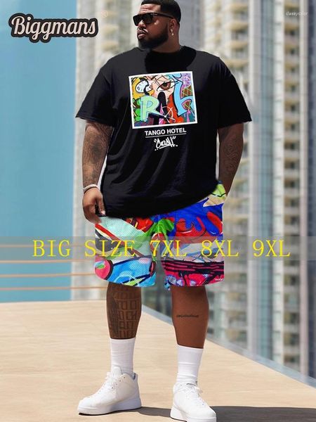 Tracce maschili biggmans plus l-9xl per pantaloncini a maniche corte di grandi dimensioni set di blocco a colore casual blocco retrò abito da strada retrò 7xl 8xl 9xl