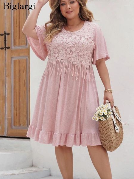 Vestidos de tamanho grande primavera no verão midi vestido feminino moda marginal plufle plissou lotes damas rosa boêmio mulher mulher