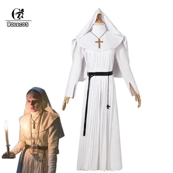 Rolecos Nun Halloween traje para mulheres, a figurina de cosplay da freira Irrene Irene White Cosplay 2023 Horror Films Party Dress