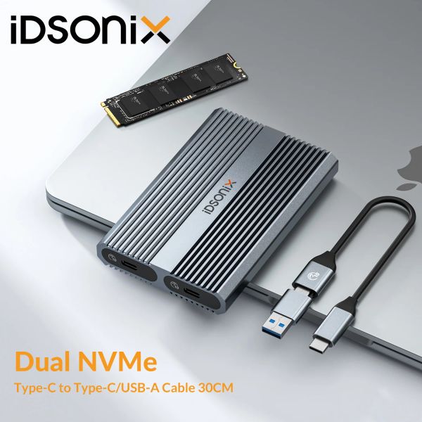 Gabinete idsonix dual nvme ssd gabinete 2 slot nvme pcie 10gbps e 6gbps sata ahci gabinete tipo c USB Uma caixa de caixa de disco rígido externo