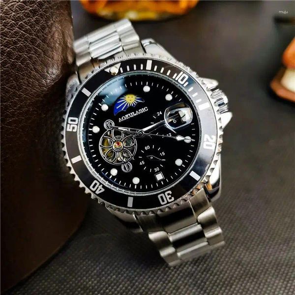 Armbanduhr Tourbillon Moon Phase Skelett mechanische Uhren rotierende Lünette Leuchtschalter Luxus automatisch Herren Uhr Edelstahl Stahl