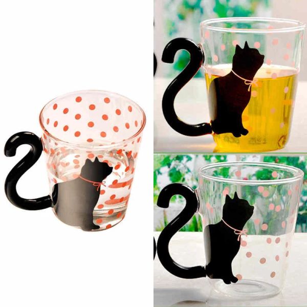 1pcs Creative Cat Glass Copos com gato alça de cauda de café Copo xícaras de leite amante de caneca do dia dos namorados Presente romântico