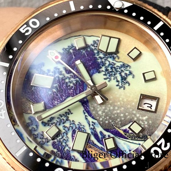 Caso de bronze NH35A PT5000 Movimento 200m à prova d'água 41mm Surfing Luminous Dial Watch Men Ceramic Insert Sapphire Glass