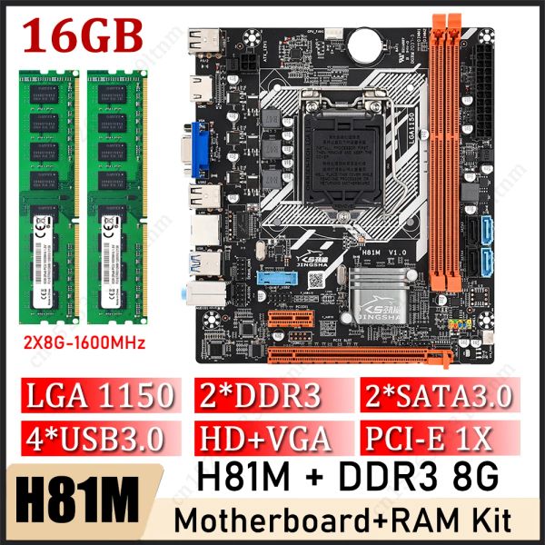 Kit set di schede madri H81M H81M con 2*8 GB 1600 MHz DDR3 RAM Memoria LGA 1150 PCIE 2.0 USB3.0 SATA3.0 VGA MATX H81M PLACA MAE KIT
