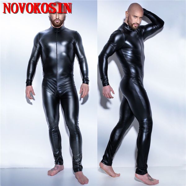 Plus size s-5xl Sexy Men Catsuit Faux Leather de duas maneiras de zíper de zíper bodysuit night club ds traje de lingerie de macacão