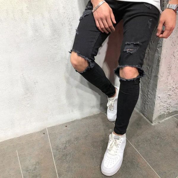 Erkek Kot Vintage Erkekler Saf Renk Deliği Denim Wash Hip Hop İş Pantolonları Erkekler İçin Sıkı Ropa Hombre