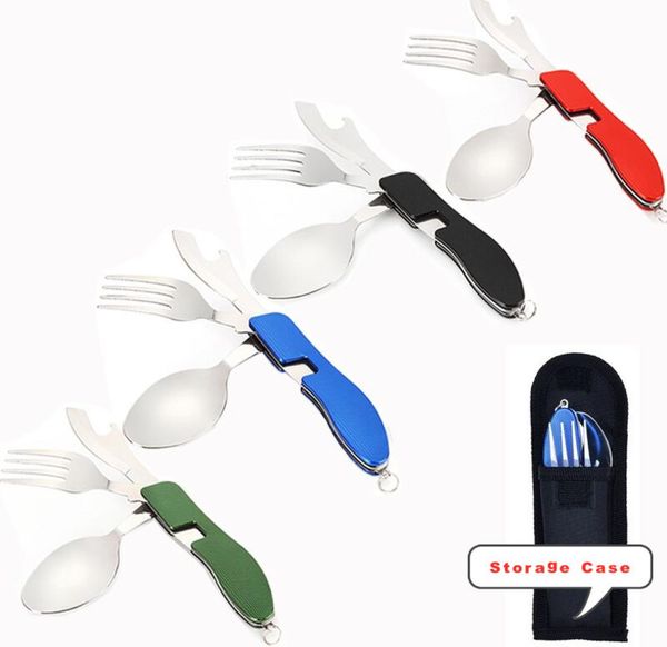 4 em 1 Tableware de mesa ao ar livre Forkspoonknifebottle abridor de camping kits de bolso dobrável de aço inoxidável para caminhada Survival Travel8617354