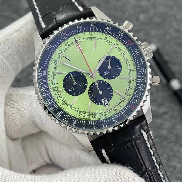 46 -мм качество B01 Navitimer Watch Chronograph Quartz Движение Steel Mint Green Black Dial 50th Men Men Watch Leather ремешок 287L