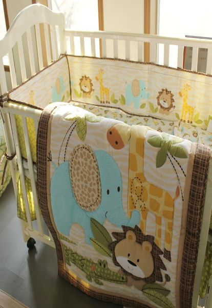 7 pezzi da letto per bambini da letto per bambini puro cotone 3d ricamo 3d leone elefante giraffa e lettiera del coccodrillo set di biancheria da letto per bambini intorno a COT5733514