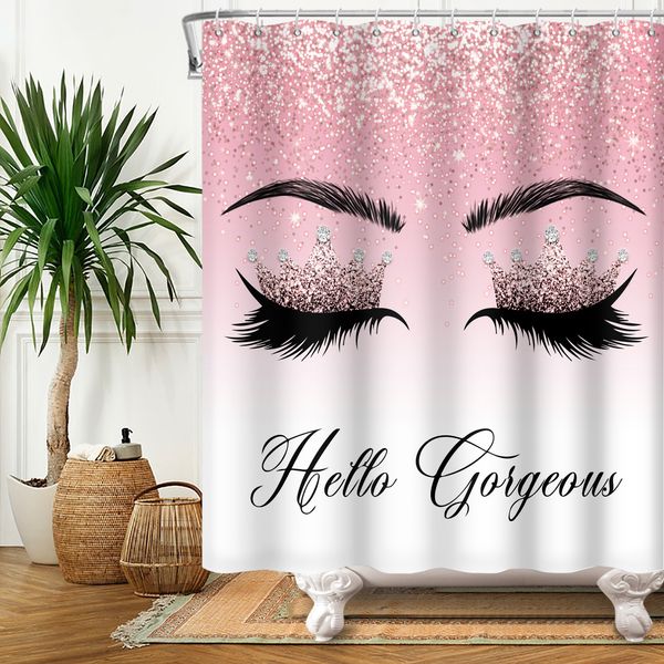 Girly Pink Gold Wimpern Make -up Duschvorhang Badevorhang Set Polyester Badezimmer Vorhang Augenhäuser mit Haken