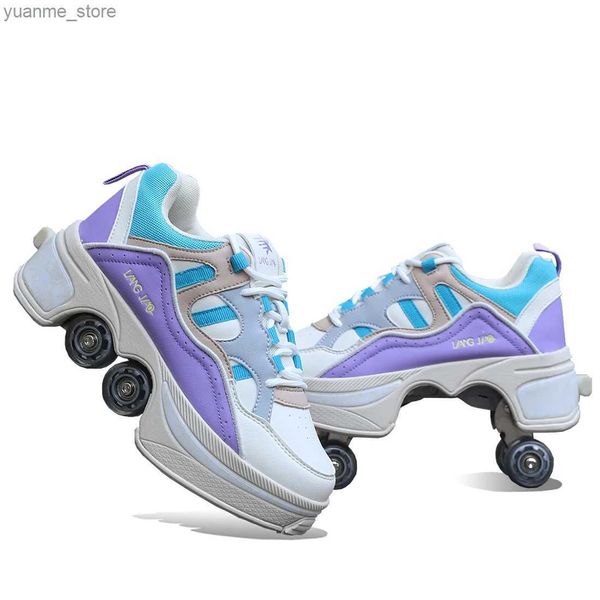 Inline Roller Skates Deform Wheel Skates Rollschuh Skateschuhe mit 4 Rädern Kinder Freizeitverformung Parkour Runaway Sneakers für Kinder Runden Walk Y240410