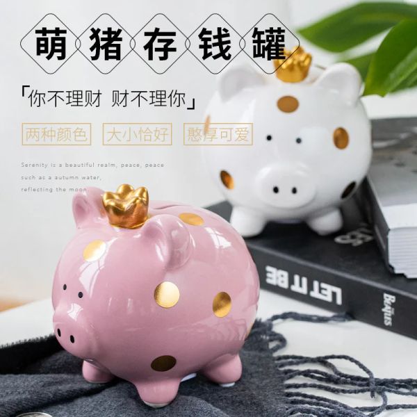 Kawaii Pig Ceramic Piggy Bank for Kids Adultos Economize dinheiro Banco caixa caixa