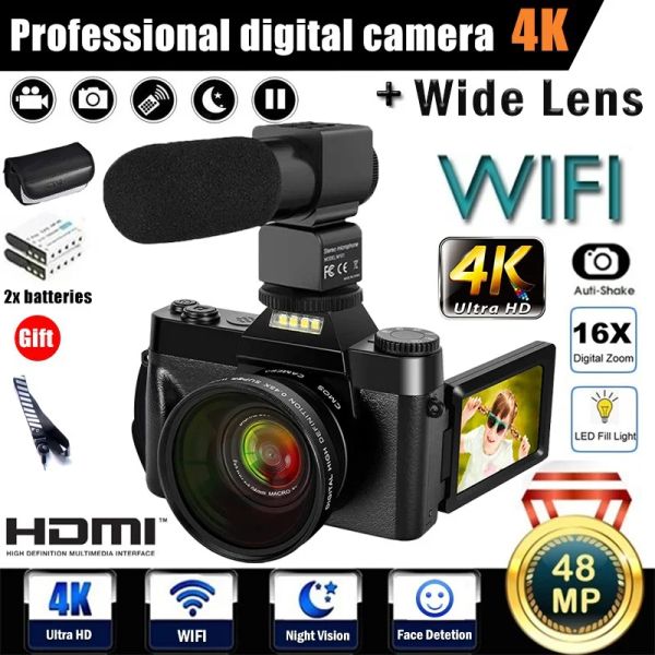 Bags 4K Câmera digital profissional link Wi -Fi com microfone, câmera de 48MP para VOGING no YouTube 16x Digital Zoom Video Camecorder