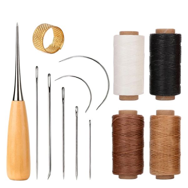Kit de ferramentas de costura de couro com agulhas de costura de mão Awl thimble encerrado fios para reparos de sapateiros artesanais de couro diy