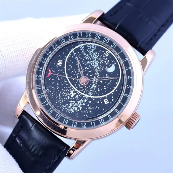 PP 6102R Автоматические мужские часы 44 -мм черный циферблат 8215 Механическая фазовая фазовая кожаные часы 316 л.
