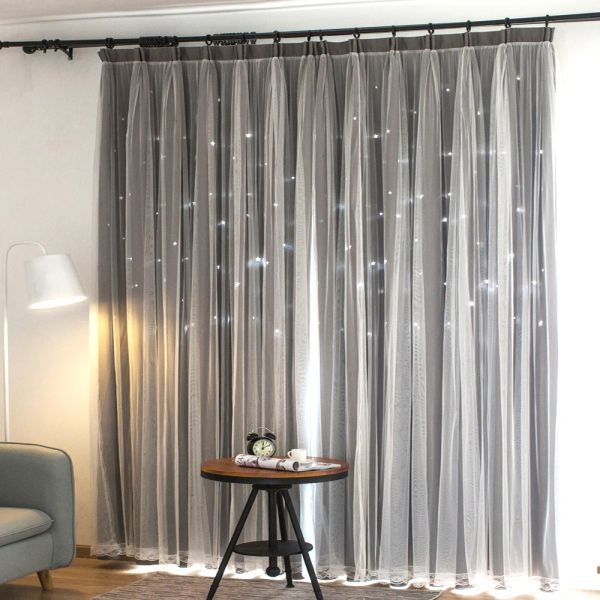 Ahoyikaa cinza camada dupla hollow out estrelas cortina de blecaute para a sala de estar cortinas de janela de quarto decoração de hotel de voile