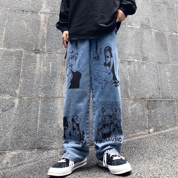 Jeans femminile venage lavato donna streetwear harajuku cartone animato stampato anime moda femmina pantaloni larghi gamba cotone