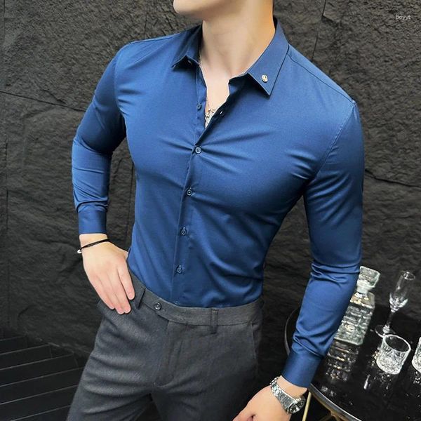Мужские повседневные рубашки британский стиль рубашка мужчина с длинным рукавом сплошное цветовое склонное деловое платье уличная одежда