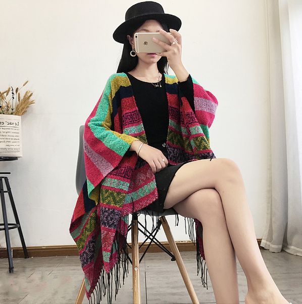 National Women Cloak Ponchos 6 Farben Lady Quaste Outwear für Frühlings- und Herbst neue Schals Bestes Geschenk an Mutter warmes Wollkleidung