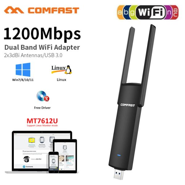 Cartas 1200Mbps 5GHz 2,4 GHz Adaptador Wi -Fi Banda dupla MT7612U Wi Fi Antena donna Dongle Lan Adaptador Windows/Linux Desktop/laptop/PC