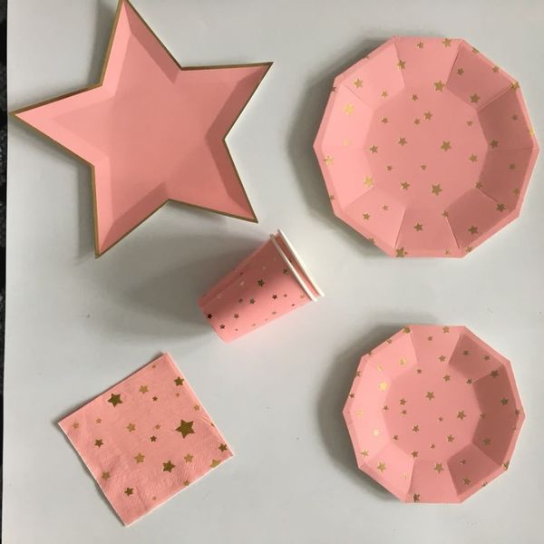 Einwegpapierplatten Gold Folienstern Muster Tischwaren Sets Papierplatten Tassen Servietten Plastik Strohhalme Baby Hochzeitsfeier Dekor Dekor