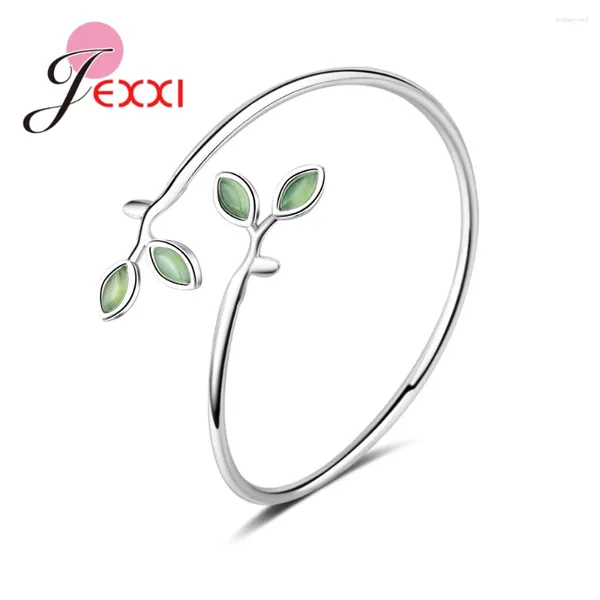 Braccialetti di collegamento Foglie verdi vintage Design CZ Stone 925 Bracciale di apertura in argento sterling per donne Accessori per banchetti per ragazze