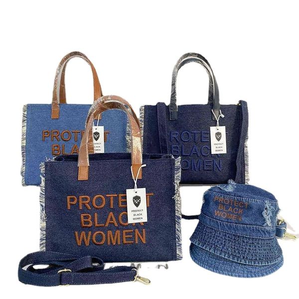 TOTE BAG DENIM Proteggi le donne nere borsette di tendenza delle spalle lettere ricami da viaggio per la borsa da viaggio per la borsa di viaggio