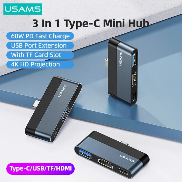 Hubs USAMS Mini Hub PD 60W Tipo C para USB 3.0 2.0 HDMI 1.4 Cartão TF Adaptador USB Adaptador USB Expander para iPad Pro Laptop