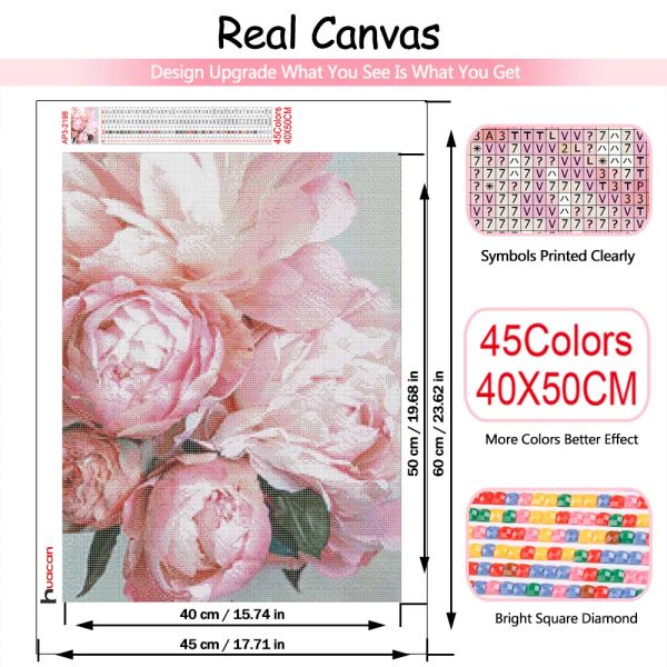 Huacan Diamond Painting Flor Flow Square Drill Diamond Mosaic Pink Peony Cross Stitch Rhinestones Decoração da sala