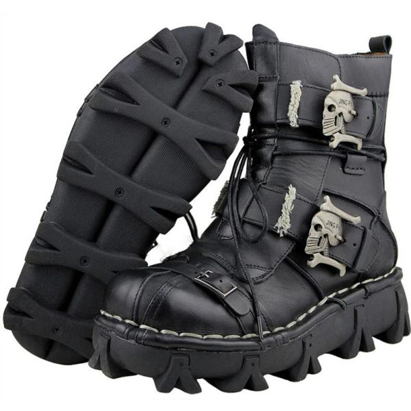 Stiefel Männer Cowhide echte Leder -Motorradstiefel Militärkampfstiefel Gothic Skull Punk Stiefel