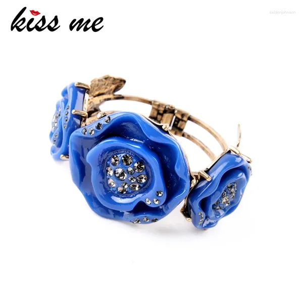 Bankle Kissme Elegant Blue Harz Rose Blumen Armreifen für Frauen zarte Strassstein Vintage Gold Farbe Manschette Armbänder Mode Schmuck