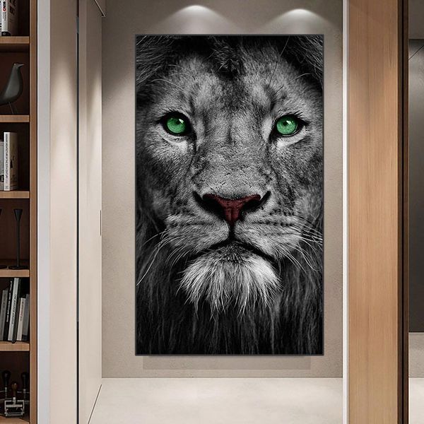 Grünäugige afrikanische Löwen schwarze weiße Wildtiere Poster Bilder Druck Wandkunst Hanges Bild Wohnzimmer Büro Wohnheimdekoration