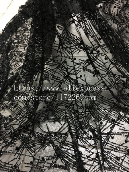 5 Yards New Material Mesh Tulle Black Hand Print Glitter Lace Fabric com contas JRB-00363 para vestido de noiva