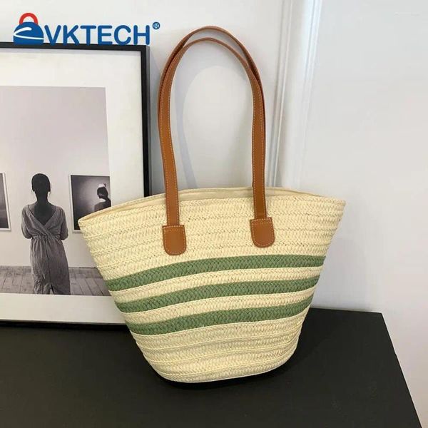 Totes Mulheres Crochet Bolsa de praia Contraste de cor listrada de palha de grande capacidade Bolsa de ombro simples Senhoras de verão diariamente