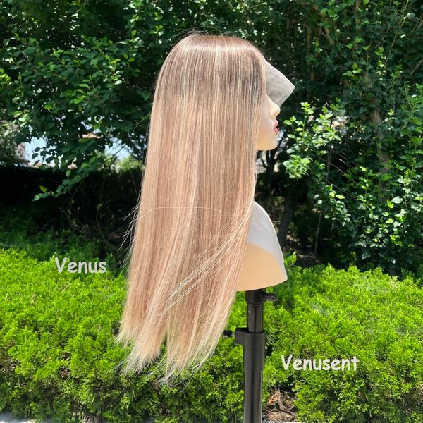 Peruca de renda de cabelos virgens brasileiros Virgem Top Wig Transparente Wigs Front Wigs Mesmo comprimento de cabelo Blonde Mix destaca a peruca judaica à venda