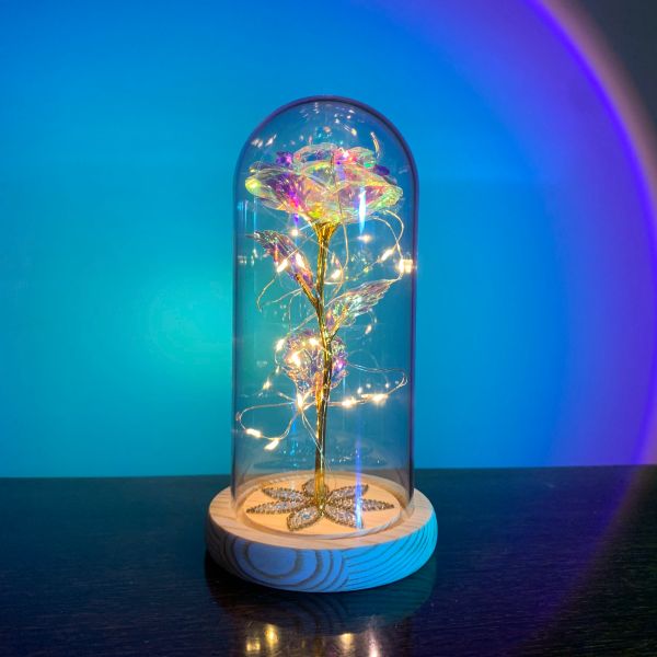 2024 LED Enchanted Galaxy Rose Eternal 24k Gold Foil Flor com luzes de cordas de fada em cúpula para o presente