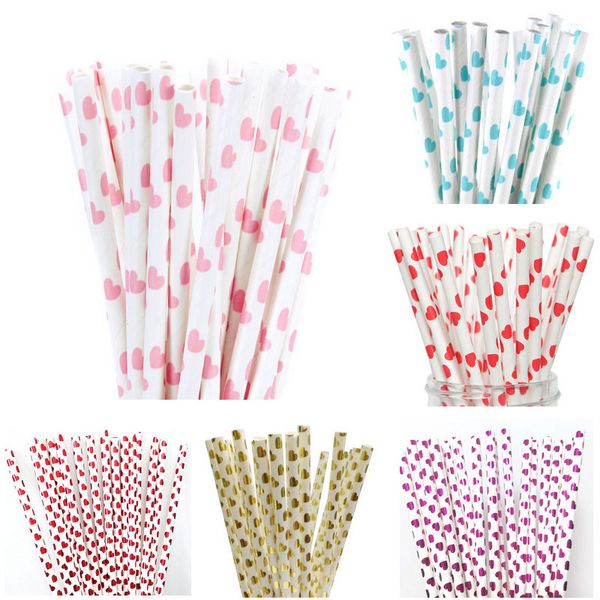 25pcs folyo kalp kağıt pipetler 1pcs flamingo pipetler düğün partisi kağıt içme pipetler doğum günü bebek duş partisi dekor